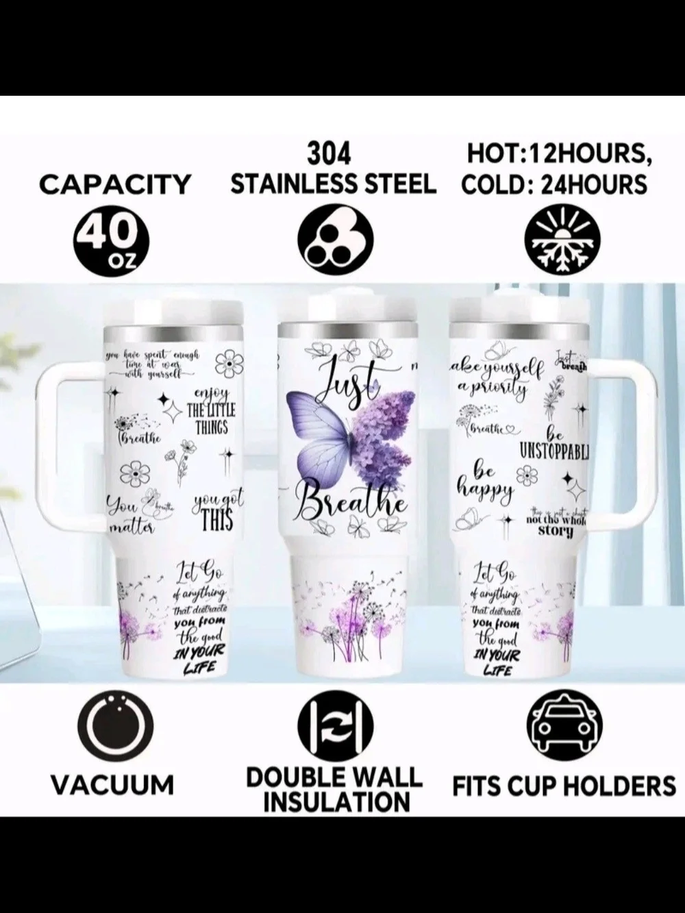 Just Breathe Purple Butterfly Self Care Srainless Steel Insulated Tumbler 40 Oz.